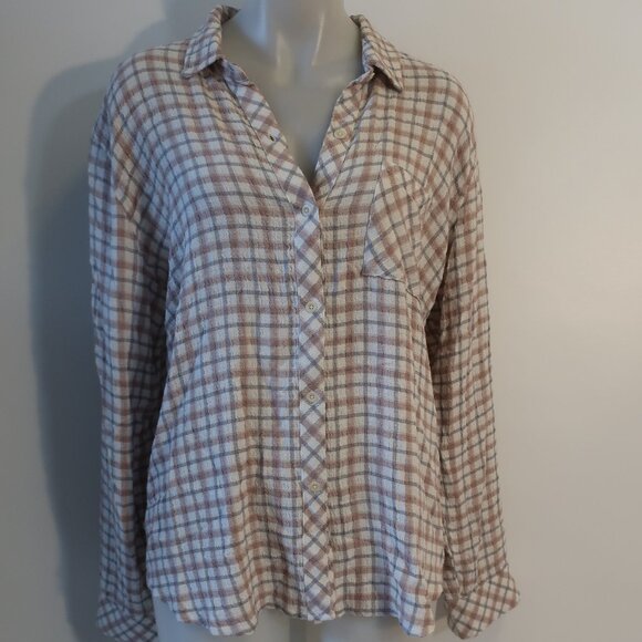 Womens Rails Taupe, Gray, White Plaid Button Down Shirt L - Picture 2 of 6